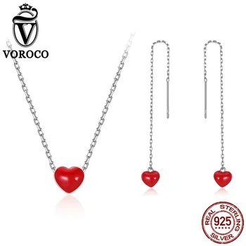 

VOROCO 100% Pure 925 Sterling Silver Red Heart Love Jewelry Necklace and long Drop Line Earrings for Women Christmas Gift