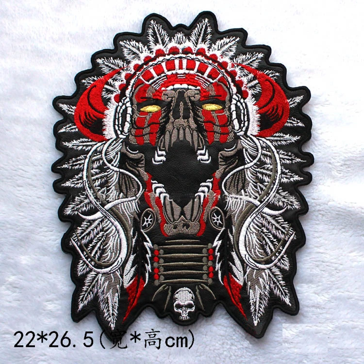 

large Embroidery Patches for Jacket Back Motorcycle Biker Skull Indian Chief PU leather 22*26.5CM