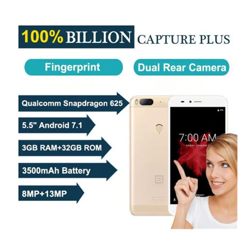 Смартфон BILLION CAPTURE PLUS 4G 3 Гб ОЗУ 32 ПЗУ 5 дюймов Snapdragon 625 Touch ID 3500 мАч Android 7 1 двойная