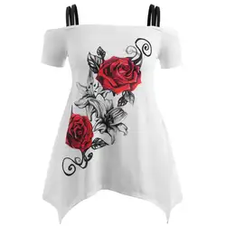 Для женщин Нерегулярные печатных плечо Cut плюс Размеры 5XL Роза рубашка блузка с вырезом лодочкой со спущенными плечами летние блузки Roupas
