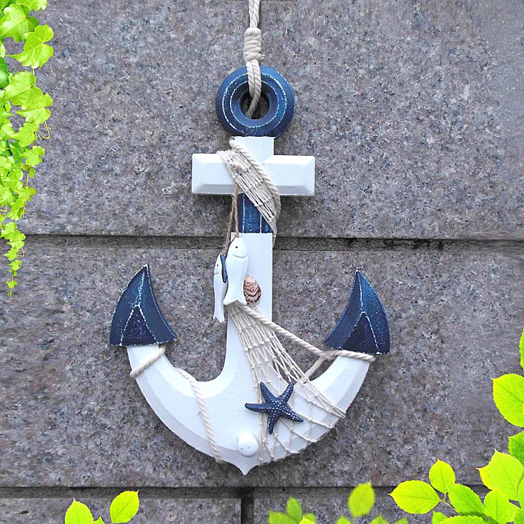 

1PC 33CM European Sea World Household Wall Hanging Decoration Mediterranean Style 3D Wood Anchor Hanging Decoration MP 008