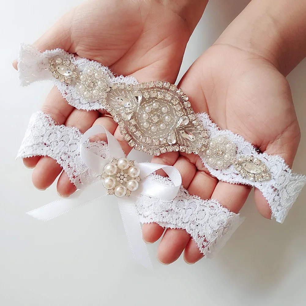 Bridal Wedding Garter Belt Set with Rose Crystal Applique white Lace Strong Stretch Plus Size for Bride Keepsake Gifts