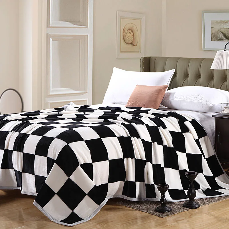 Winter Thick Plaid Fleece Blanket on the Bed Cover Black and White