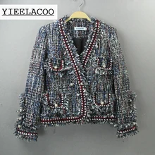 Женщин твидовый пиджак, декоративные тканые v вырез горловины Осень/зимняя куртка, пальто новая тонкая Дамы Куртка