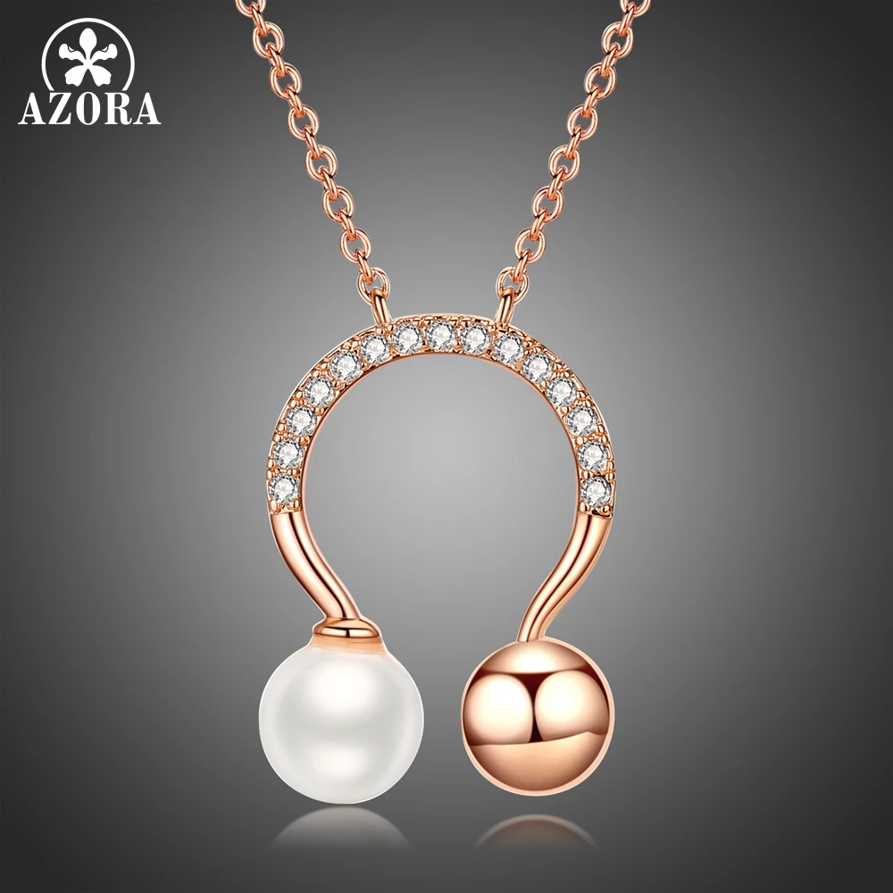 

AZORA Trendy Necklaces Rose Gold Color Pearl Women Pendants Long Chain Fashion Link Chain Jewelry CZ Crystal Femme Gifts TN0244