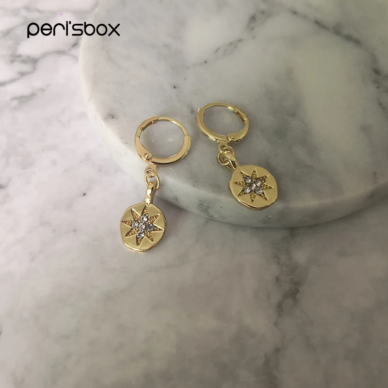 Peri'sBox Изящные серьги-кольца Huggie с восьмизвездочными звездами для женщин, серьги-кольца с золотыми монетами и крошечными кольцами, стразы, минималистичное ювелирное изделие