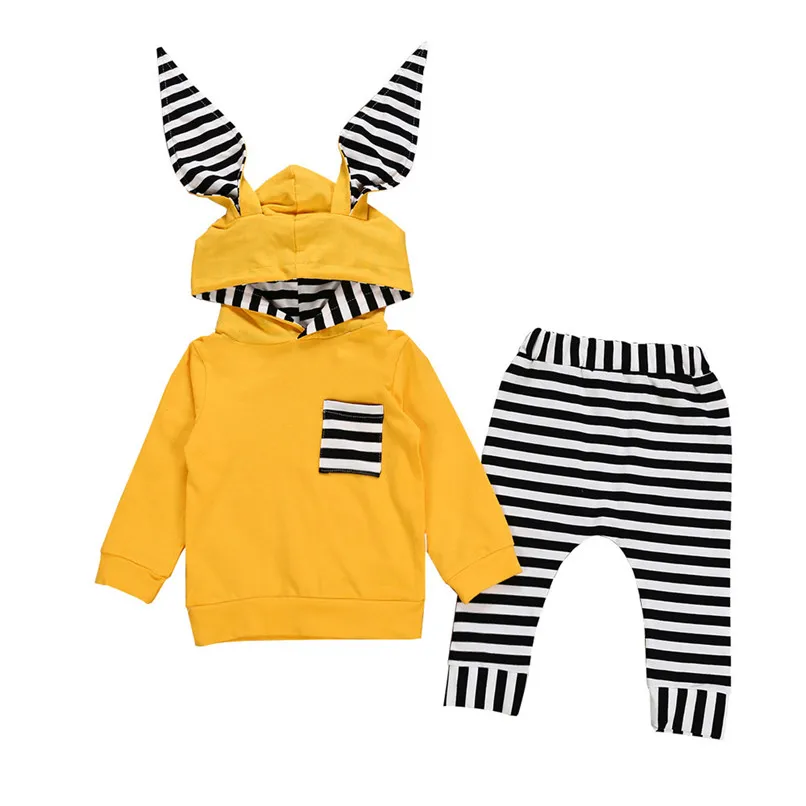 

Winter Kids Clothes Toddler Baby Boys Girls Bunny Ear Striped Hooded Long Sleeve Pocket Tops+Striped Pants Set Kids Sets #Y1