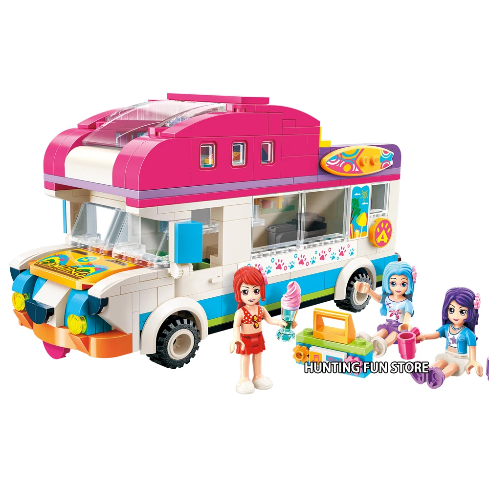 

Cherry Beach Doggy Camping Car Wagon Qman Fit Friends Set Figures Educational Building Blocks Toys Children Girls Gift