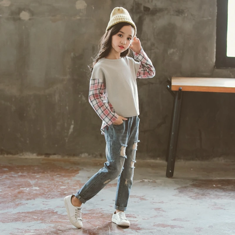 

Girls Suits Spring Teenage Clothing Sets Children's Clothes Cotton Shirts Plaid Blouse Upper Garments+Denim Pant Jeans Trousers