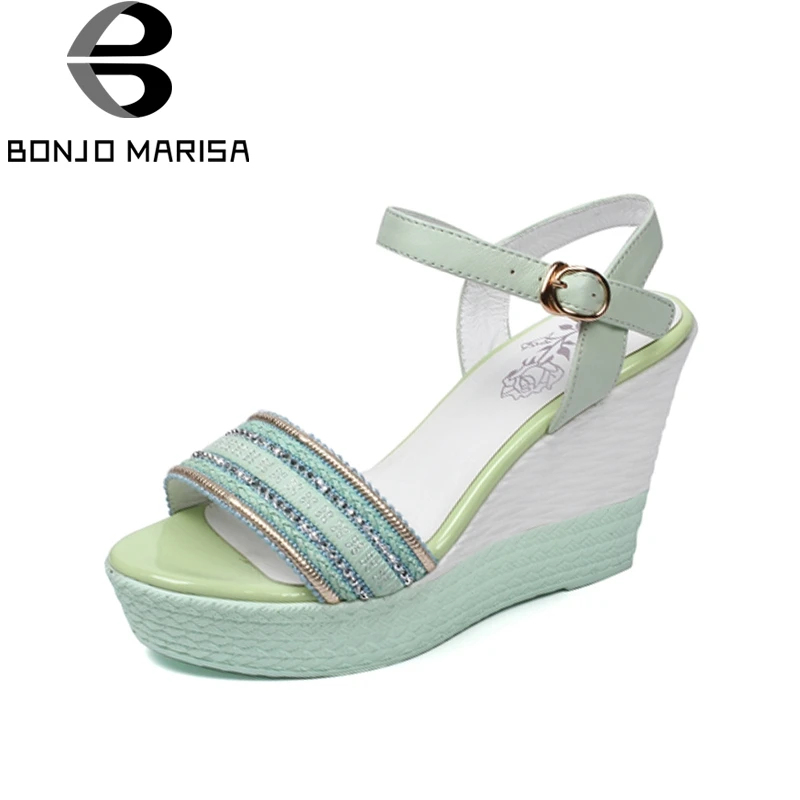 BONJOMARISA Brand New Genuine Leather Buckle Strap Wedges Platform Shoes Woman Leisure Summer Sandals Big Size 32-40