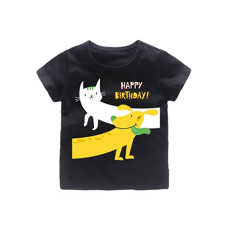 Брендовая летняя футболка для маленьких мальчиков, футболка с короткими рукавами с рисунком кота и собаки для девочек, детская одежда из чистого хлопка с надписью на день рождения, одежда для детей, От 2 до 9 лет - Цвет: Черный