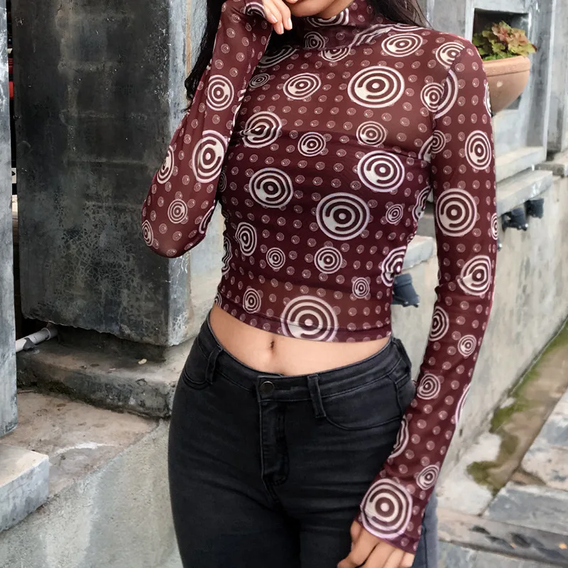 

Yoga Shirts 2019 Women Sexy Transparent T Shirts Mesh Cropped Tops Tees Long Sleeve Navel Bare Turtleneck Slim Fit Full T Shirt