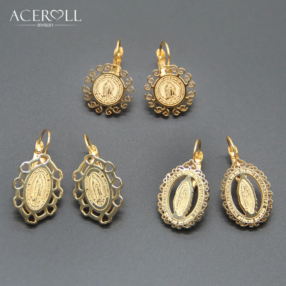 

ACEROLL Earring with Virgin of Guadalupe - Stainless Steel Round Oval Heart Catholic French Hook Findings Earring in Gold Color