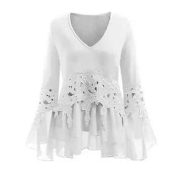 

New Fashion Lace Chiffon Shirts Female Ruffle Long Sleeve V-neck Women Autumn Cotton Tassel Blouse Top Plus Size 5XL