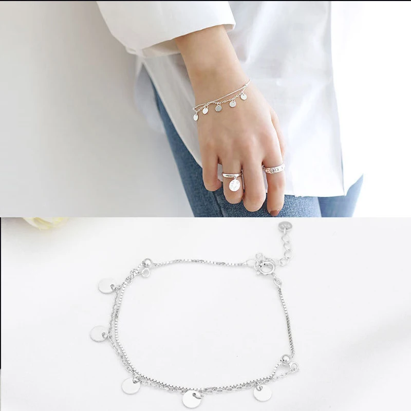 

Korean 925 Sterling Silver Circular Sequins Summer Bracelet Silver 2 Layer Chain Box Chain Charm Bracelet S925 Women Bracelet
