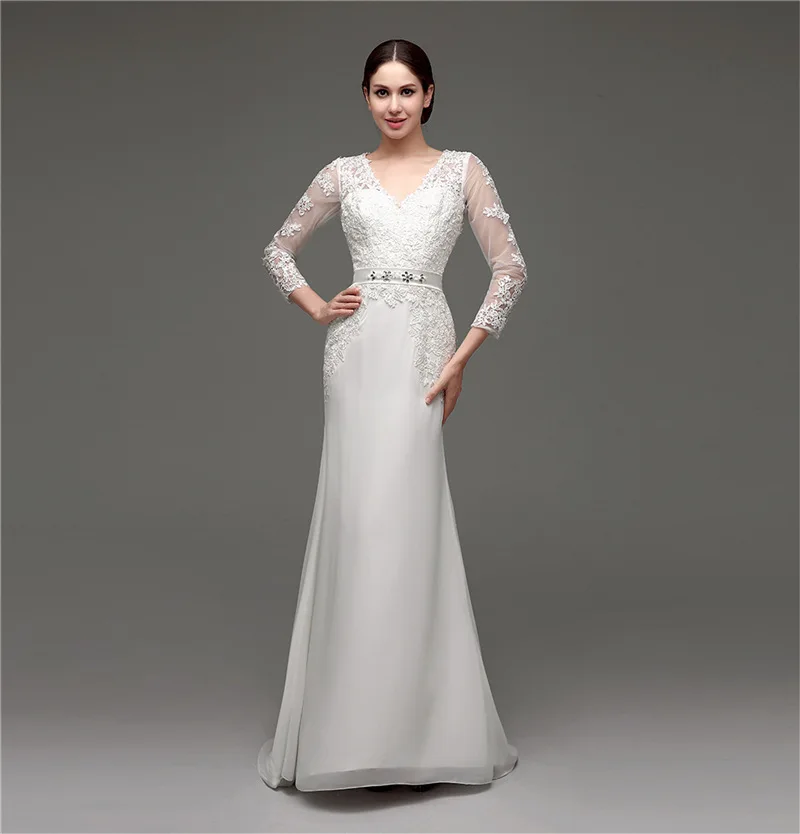 

2020 Elegant Lace Appliques V-neck Sheath Long Sleeves Wedding Dresses Chiffon Lace Zipper Back Wedding Gowns