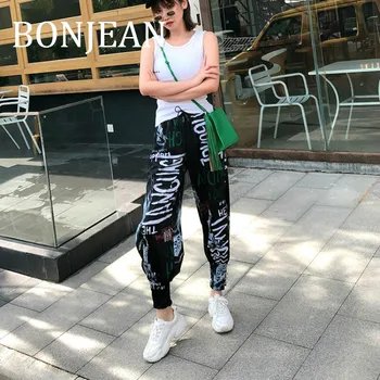 

BONJEAN Letters Print Pants for Women 2019 Autumn Bottom Black Long Trousers Drawstring Wide Leg Pants Hollow Out Pants BJ1382