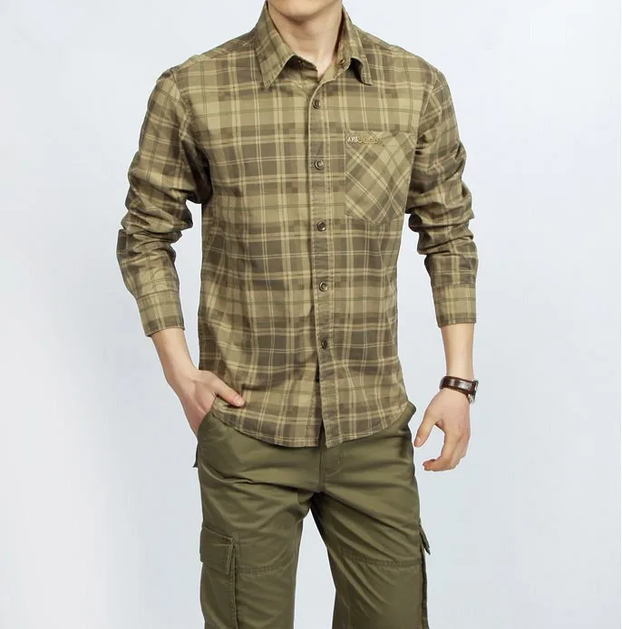 Весна Осень Повседневная мужская рубашка из хлопка с длинным рукавом camisetas masculinas клетчатые рубашки армейский зеленый хаки одежда A0749