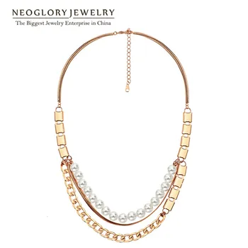 

Neoglory multi layer Simulated Pearl Rose Gold Color Alloy Chain Necklaces for Women Jewelry 2020 New Brand Fashion Pea-1 Goldp