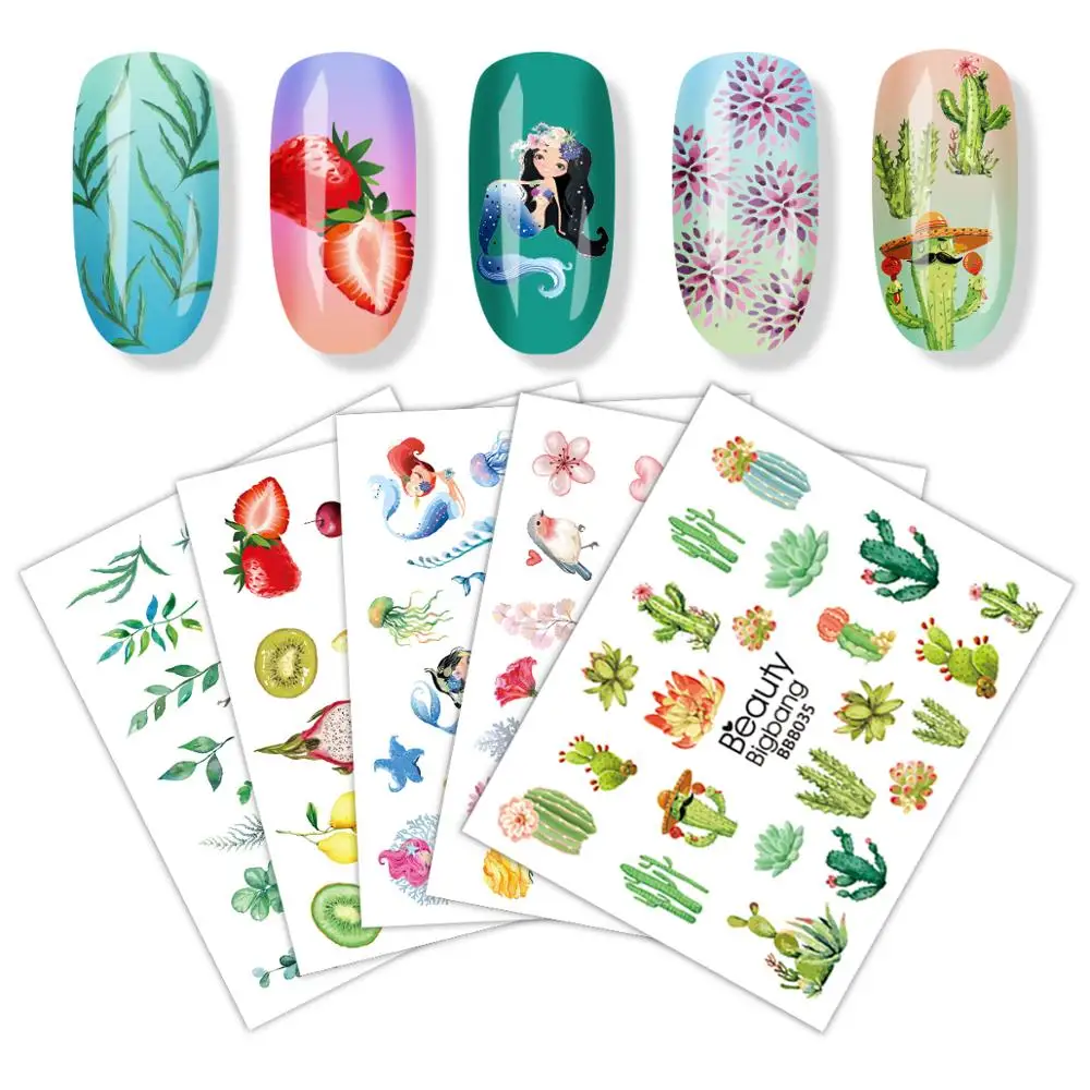 

BEAUTYBIGBANG 1 Sheet Water Transfer Nail Sticker Decals Fruit Leaf Flower Mermaid Cactus Beauty Decorations Designs DIY Colors