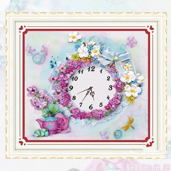 

Silk Flowers Ribbon Embroidery Sets DIY Painting with Clock Handcrafted Cross-stitch Needlework Arts Crafts Sewing Decor C-0247