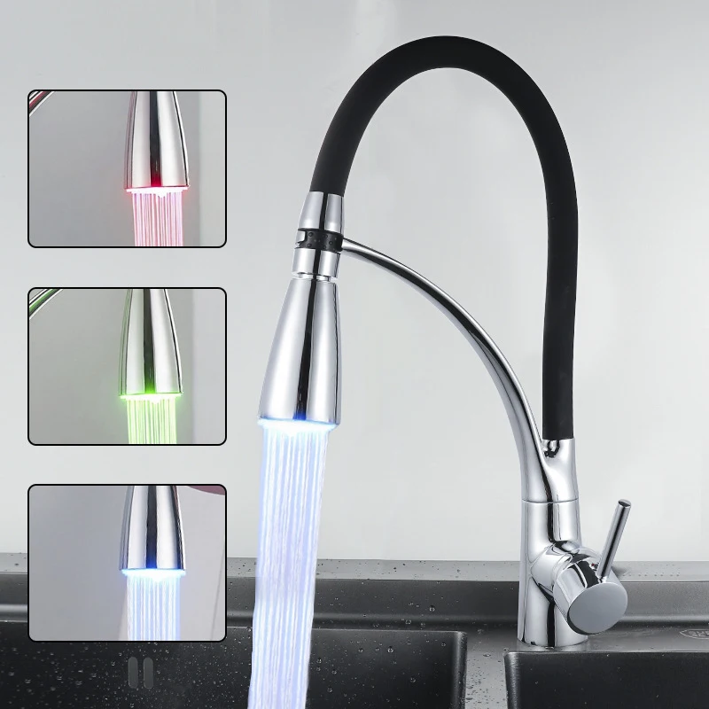 

LED Lights with Red Green and Blue Color Kitchen Faucets Using All-copper Drawn Kitchen Sink Cold and Hot Can Rotate 360 Degrees