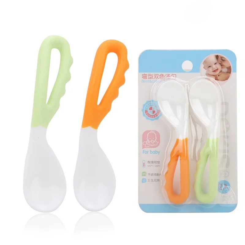 

2 pcs Baby spoon solid feeding bending infant supplies curved flatware tableware pacifier eating by self exercise take spoons