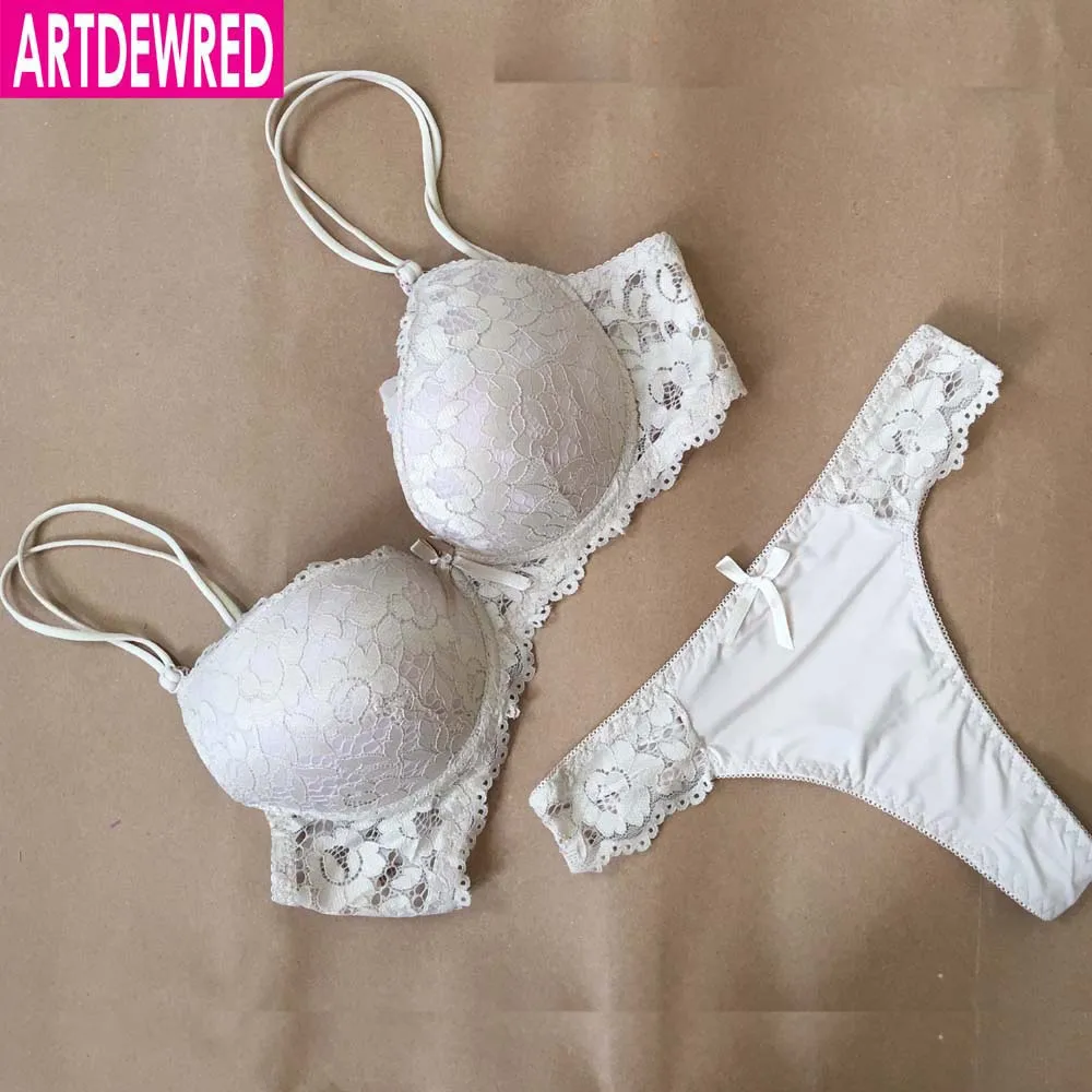 ARTDEWRED New Sexy Lace Embroidery Flowers Plus Size Double Shoulder Strap  Bra Set Deep V-neck Women's Push up Underwear Sets