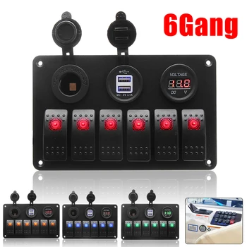 

6 Gang 5 Pin 12V 24V LED Rocker Switch Panel Circuit Breaker Charger Dual USB Socket Cigaretter Plug Voltmeter Car Auto Charger