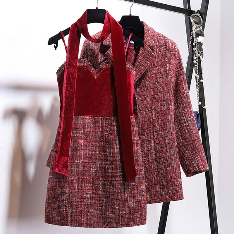 

Winter Temperament Ladies Small Fragrance Velvet Dress + Knit Coarse Woolen Jacket Two Sets Women Plaid Coats Female Ribbons