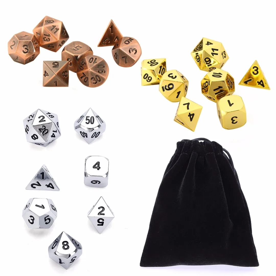

7pcs Metal Polyhedral Dices Role Playing Board Game Dice Set Copper/Gold/Silver Color For Dungeons & Dragons With Pouch Bag