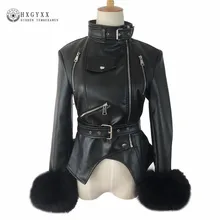Босоножки из искусственной pu кожи Для женщин Зимние черные сапоги мягкий теплый Верхняя одежда в стиле панк Модные мотоциклетные женские пальто меховой рукав ветровка Okd465