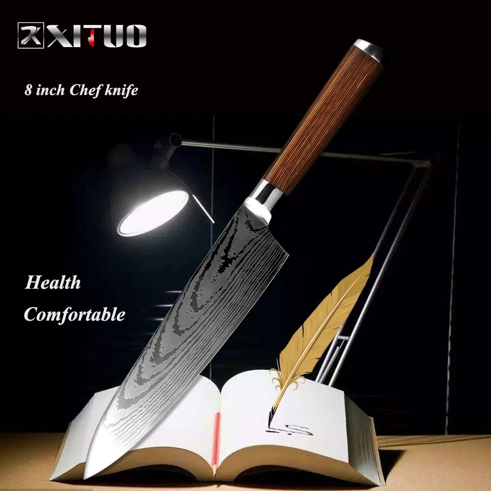 XITUO кухонный набор ножей для повара из нержавеющей стали японский нож сантоку дамасский узор ломтик Meatsushi нож кухонный нож - Цвет: 8 in chef knife