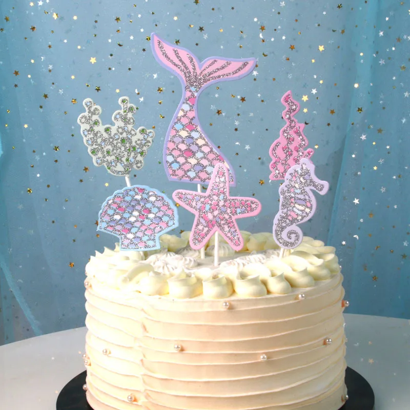 6pcs/set Ocean Cake Toppers Flags Cupcake Mermaid Cake Topper Kids Birthday Wedding Bridal Cake Wrapper Party Baking DIY Decor
