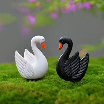 

2 Pcs Mini Black/White Feather Bird Miniature Resin Garden Fairy Ornament Flower Plant Pot Home Figurine Animal Decor