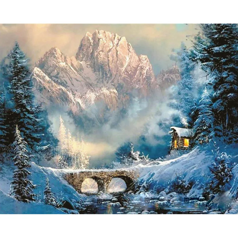 Мост под snow-cappe.40x50cm, живопись по номерам, DIY, настенное искусство, декор гостиной, пейзаж, фигура, животное, цветок, мультфильм