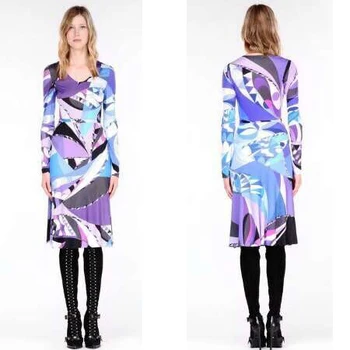 

ladies v-neck splicing printing new elastic thin elastic knitted dress