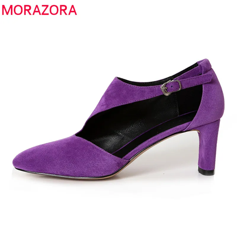 

MORAZORA new arrive women sumps spring summer top quality suede leather resting square toe size 34-39 buckle high heels shoes