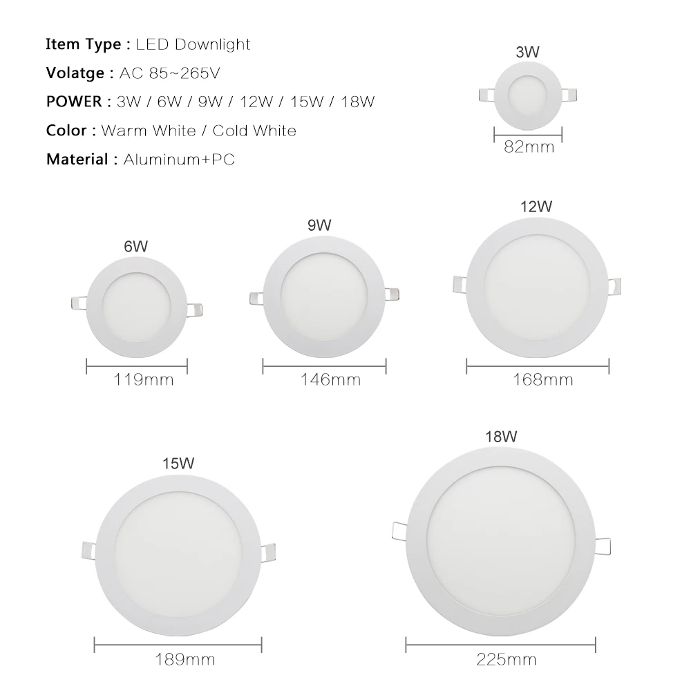 Светодиодный светильник с драйвером 3 Вт 6 Вт 9 Вт 12 Вт 15 Вт 18 Вт лампа алюминиевая потолочная Встраиваемая ампульная лампа AC 85-265 в панель Точечный светильник Lamparas