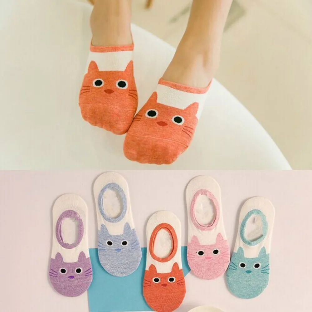 Women Cute Cotton Sock Slippers Simple Ladies Animal Cat Sock Slippers ...