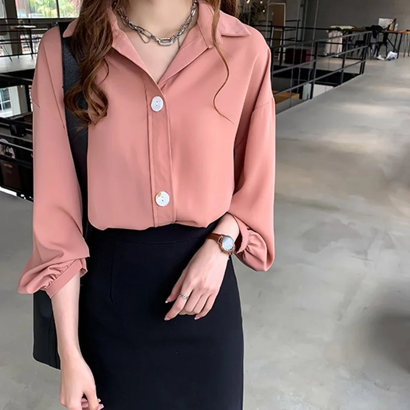 Шифоновая Блузка, женская рубашка с длинным рукавом, женские офисные рабочие топы, повседневная одежда с отложным воротником, женские облегающие рубашки - Цвет: Brick Red