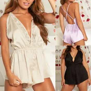 

2019 Women Sexy Lace V-Neck Cotton Playsuit Jumpsuit Backless Lingerie Sleepwear