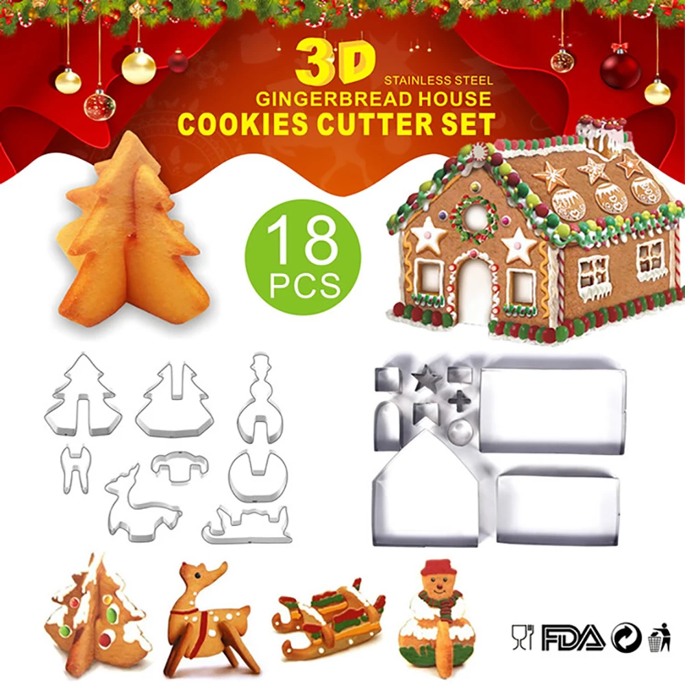 

18pcs DIY 3D Gingerbread House Cookie Cutter Stainless Steel Christmas Biscuit Mold Fondant Cutter Baking Tool For Xmas 3