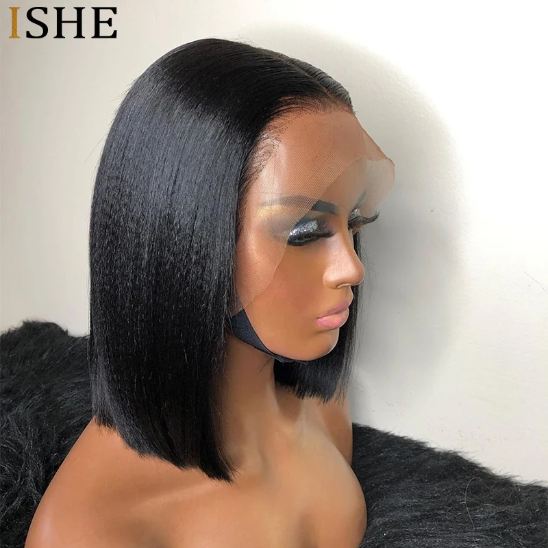 Yaki Peruca de Cabelo Humano Curto Bob Yaki em Linha Reta Dianteira do Laço Perucas de Cabelo Humano com o Cabelo do Bebê 13x6 Profundo Parte Dianteira do Laço Perucas Remy 7 Apliques com cabelo humano