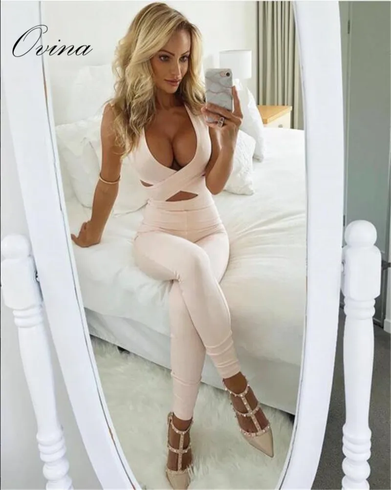 

Ovina Apricot Cross V Neck Sleeveless Bandage Women Jumpsuit