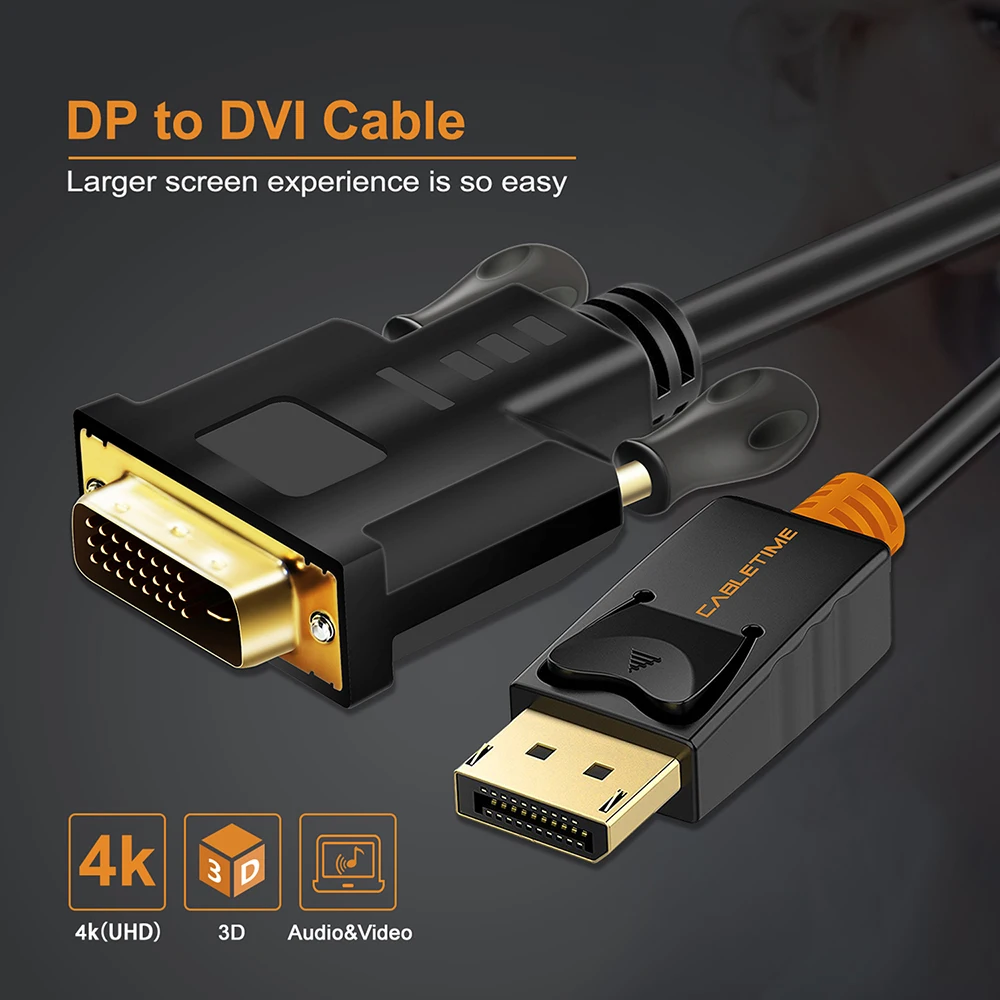 Cabletime Display Port to DVI Cable 2K 60Hz Converter DP to DVI