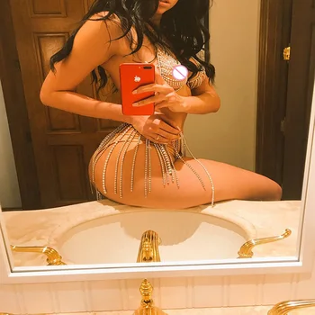 

New products sell sexy nightclub bikini neck fringed bra body chain set summer shine 2 two luxury party night dress