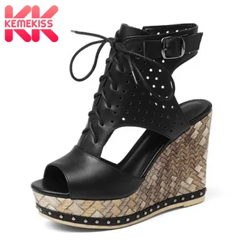 

KemeKiss Women High Heel Sandals Genuine Leather Shoes Women New Summer Lace Up Zipper Open Toe Sexy Platform Shoes Size 34-39