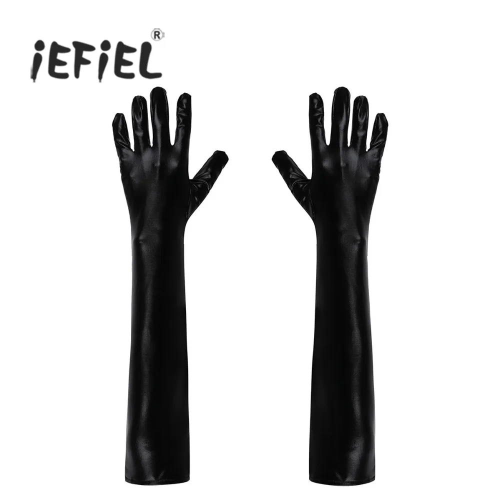 

iEFiEL 1 Pair Black Adult Wetlook Patent Leather Full Finger Long Gloves Shiny Metallic Party Evening Club Gloves Mittens