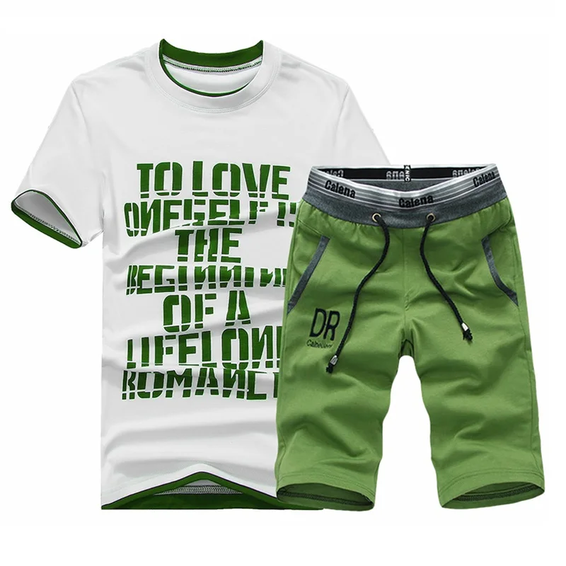 Летний стильный спортивный костюм, мужские комплекты с футболкой, летний Повседневный Спортивный костюм, мужской топ с буквенным принтом, футболка+ футболка - Цвет: Green Set D03